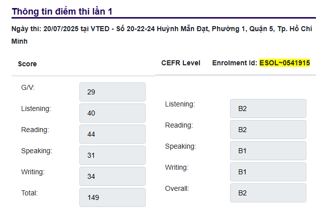Điểm thi lần 1