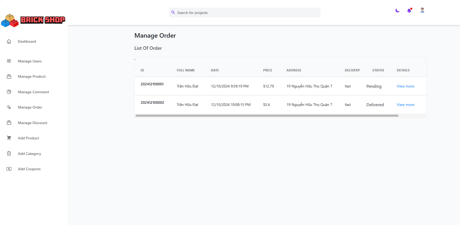 BrickShop Admin Manage Orders