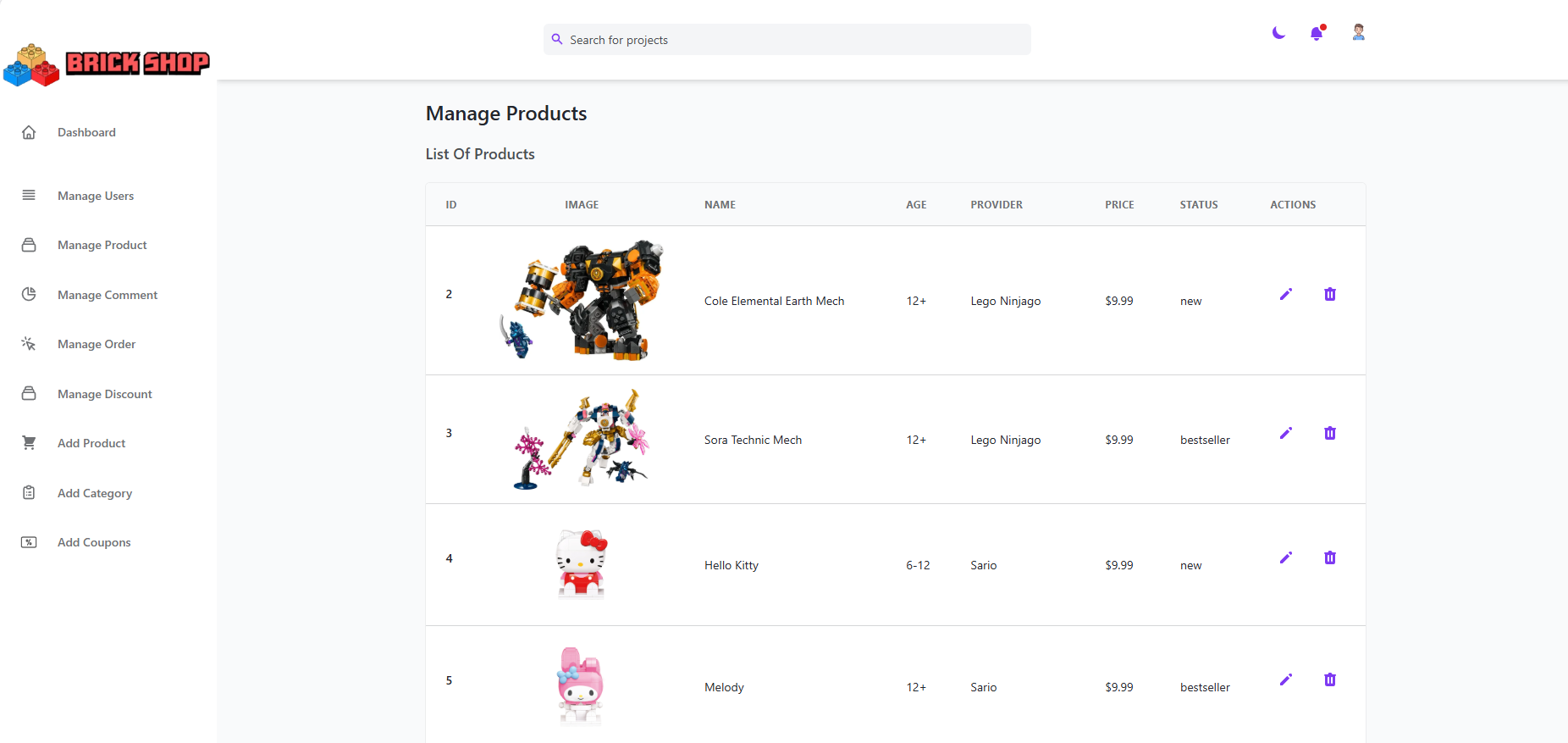 BrickShop Admin Manage Products