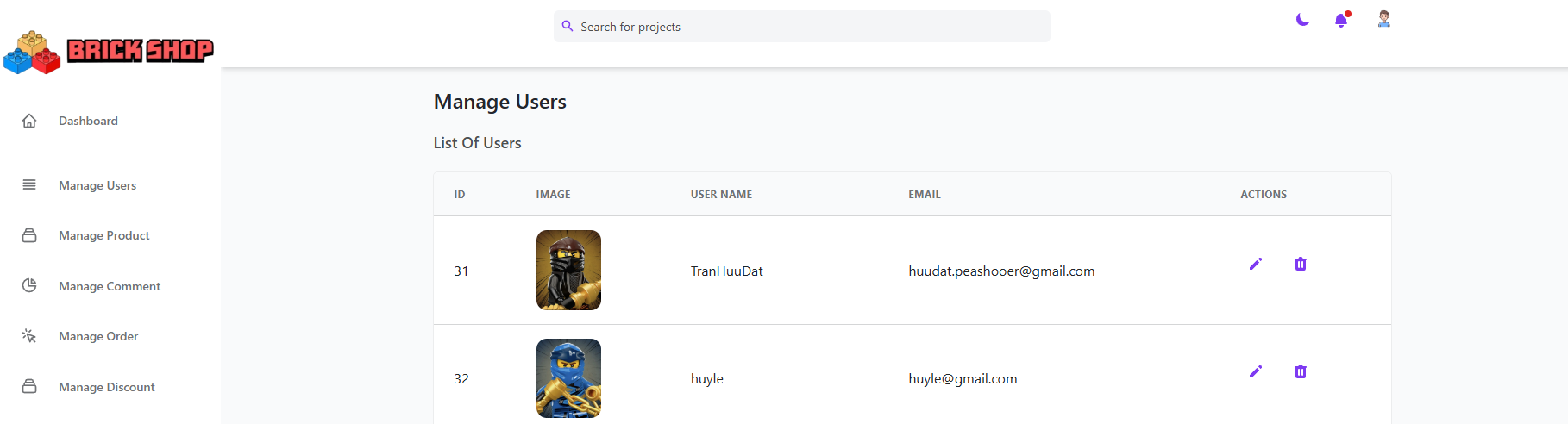 BrickShop Admin Manage Users