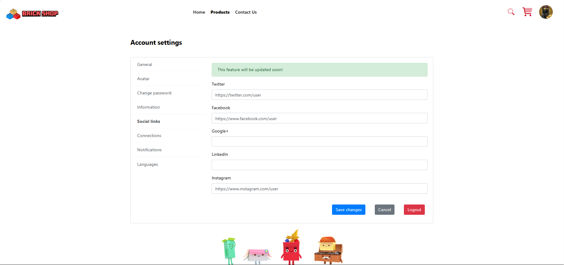 BrickShop Account Settings - Social Links